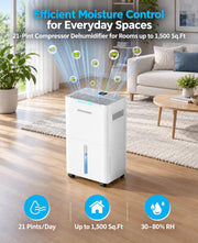 1500 Sq.Ft Dehumidifier for Basement, 21 Pints, Compressor, Quiet Real compressor, auto-defrost, 40dB quiet mode, dual drainage w/ hose, child lock, energy efficient for basement & bedroom