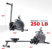 16-Level Magnetic Rowing Machine with Extended Slide Rail, App-Ready Monitor, Wide Seat, Gray, 300 lb Capacity