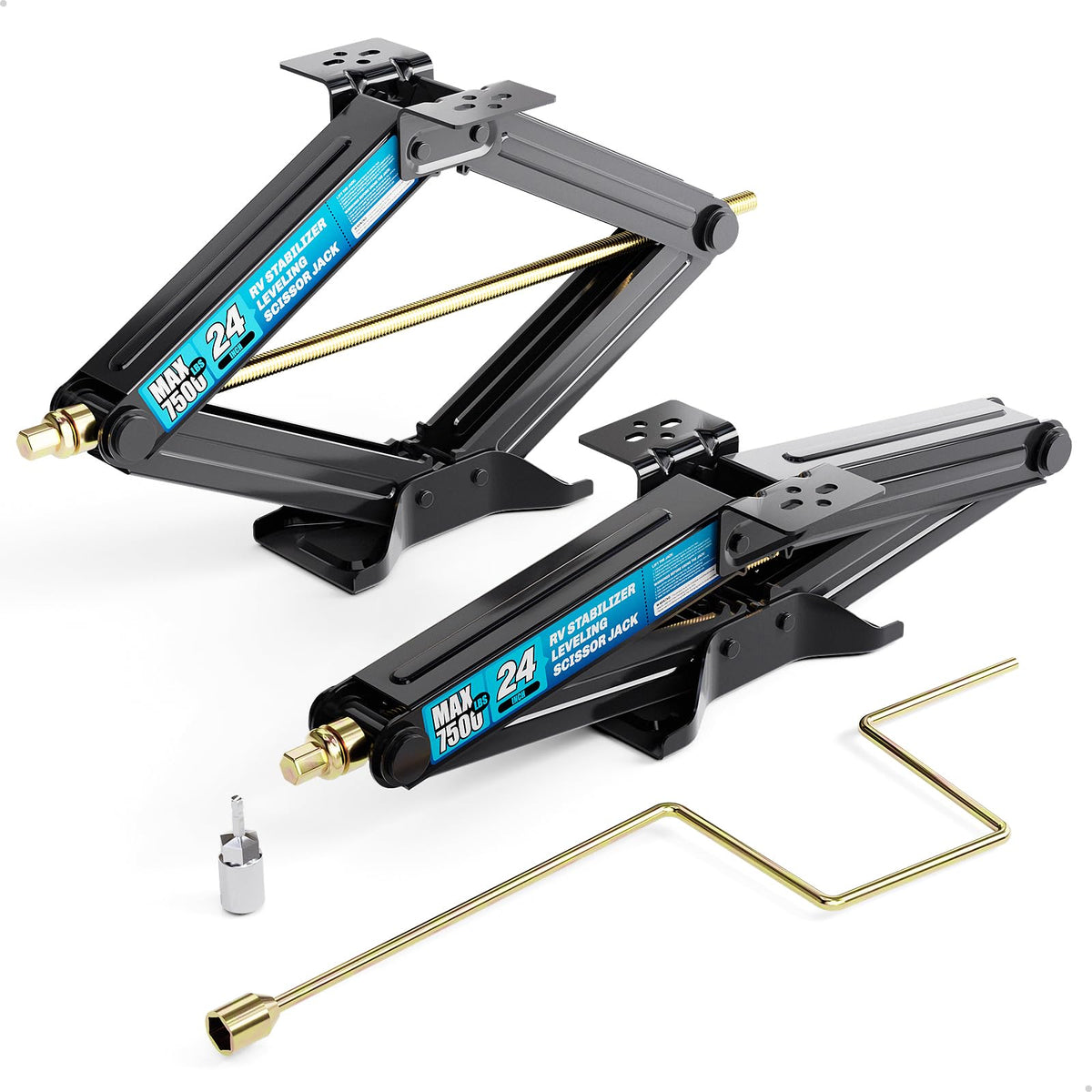 RV Stabilizer Jacks - 7500lbs Heavy Duty Scissor Jacks for Travel Trailer & Camper, Set of 4 with Crank Handle, Drill Bit, 24" Max Lift