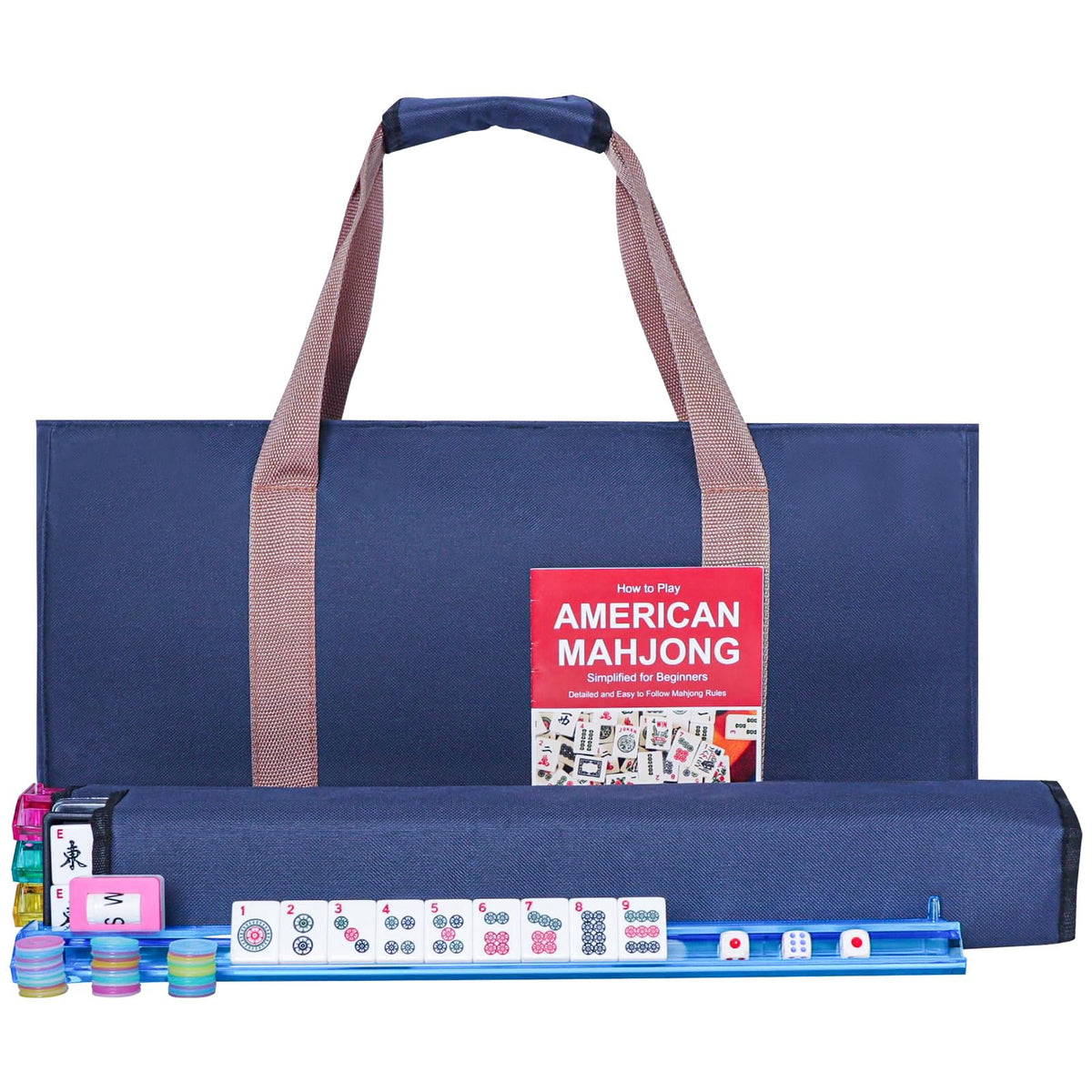American Mahjong Game Set, 166 Premium White Tiles, 4 All-in-One Color Rack/Pushers, Complete Mahjong Set Blue Carrying Bag