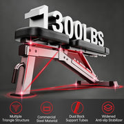 FID Adjustable Weight Bench 1300LBS Capacity for Home Gym Heavy Duty Workout Bench Press with Incline Decline Positions, 34'' Backrest and Wheels for Strength Training at Home Gym