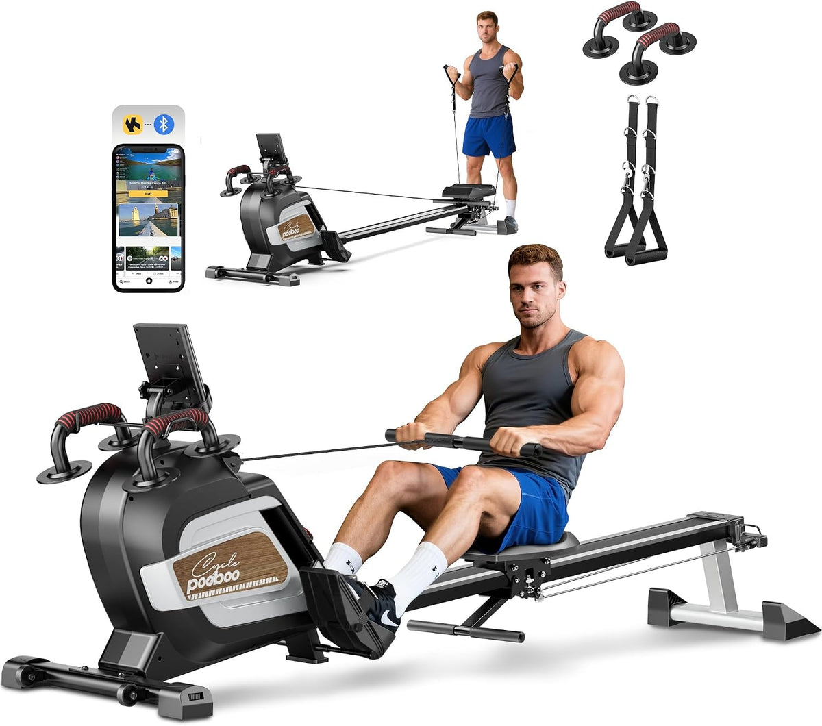 8-Level Foldable Magnetic Rowing Machine, LCD Monitor, Standard Seat, Black, 300 lb Capacity
