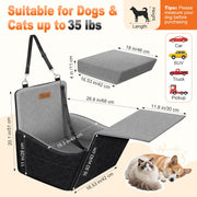 Elevated Dog Car Seat for Small and Medium Dogs Up to 35 lb 4" High-Density Foam Dog Car Bed, 2 Storage Pockets,3 Safety belts,Fully Removable and Washable for Easy Care,Black+Gray