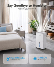 1500 Sq Ft 21 Pint Dehumidifier for Basement with Drain Hose 3 Modes, 24H Timer, Auto Defrost, Quiet & Portable, Smart Humidity Control, Ideal for Home, RV, Bedroom & Bathroom