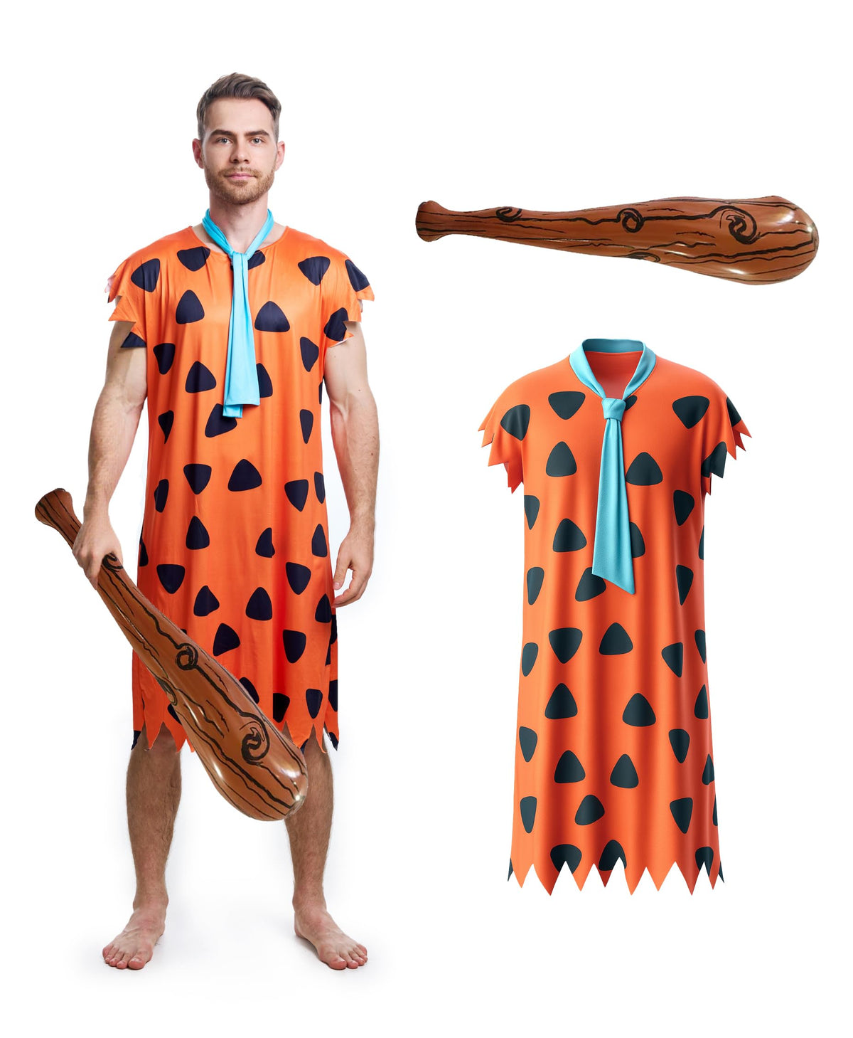 Halloween Men's Costume Adult Caveman Outfit, Orange and Brown for Cosplay and Family Parties