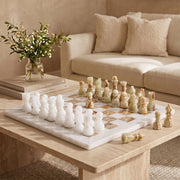 Marble Chess Set 12" Luxury Board Game & Chess Sets for Adults White & Green Onyx Marble, Handmade, Natural Marble Veining, Luxury Decor, Elegant Gift, 32 Chess Figures