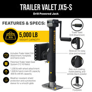 JX5 Side Mount Trailer Jack – 5,000 LB Capacity with Drill-Powered Crank, Pipe Mount Bracket, Drop Leg, Footplate, and Wrinkle Black Powder Coating
