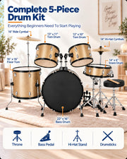 5-Piece Drum Set Adult, 22-Inch Full Size Drumset with Cymbals, Pedal, Drumsticks, Adjustable Stool & Stands – Acoustic Drum Set for Adults, Beginners, Students,Teens – Champagne