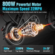 Electric Bike for Adults Teens, 800W/1200W Peak Folding E Bike | 22/25MPH & 30/45 Miles Range, 14" Commuting Ebike with 3-Speed Modes, Portable Electric Mini Bike