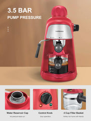 Espresso Machine, 3.5Bar Espresso and Cappuccino Machine Preheating Function, 4 Cup Coffee Maker with Milk Frothing Function and Steam Wand (Red)