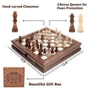 Magnetic Wooden Chess Set, 12.8" x 12.8" Walnut Chess Board Game with 2 Built-in Storage Drawers - 2 Bonus Extra Queens - Chess for Beginner, Kids and Adults, Gift Packaging