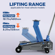 3Ton Hydraulic Floor Jack,6600LBS Car Jack Lift Range:5.31"-18.11" 360°Swivel Castors&Large Saddle,5.31"-18.11" Lifting Rang,Heavty Duty Carbon Steel Material,Ideal for Various Vehicle models