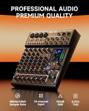 DAM-1000 10-Channel Analog DJ Audio Mixer Sound Board, with 4 Premium LAXY-PRE Microphone, 48V Phantom Power Preamps, BT 5.3, 48kHz 24Bit Sample Rate