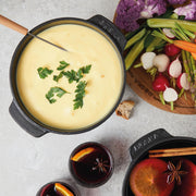Cast Iron Fondue Set Party Pro - Fondue Pot with Burner & 4 Forks 1.16 Quarts cast iron fondue set for induction, gas, electric, ceramic, oven; includes burner and 4 beech wood-handled forks