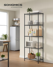 5-Tier Storage Shelves, Adjustable Wire Shelving Unit, 8 Hooks Kitchen Metal Rack, Shelf Liners, for Garage, 11.8 x 23.6 x 63 Inches, Ink Black, DALTEN Collection ULGR165BH01