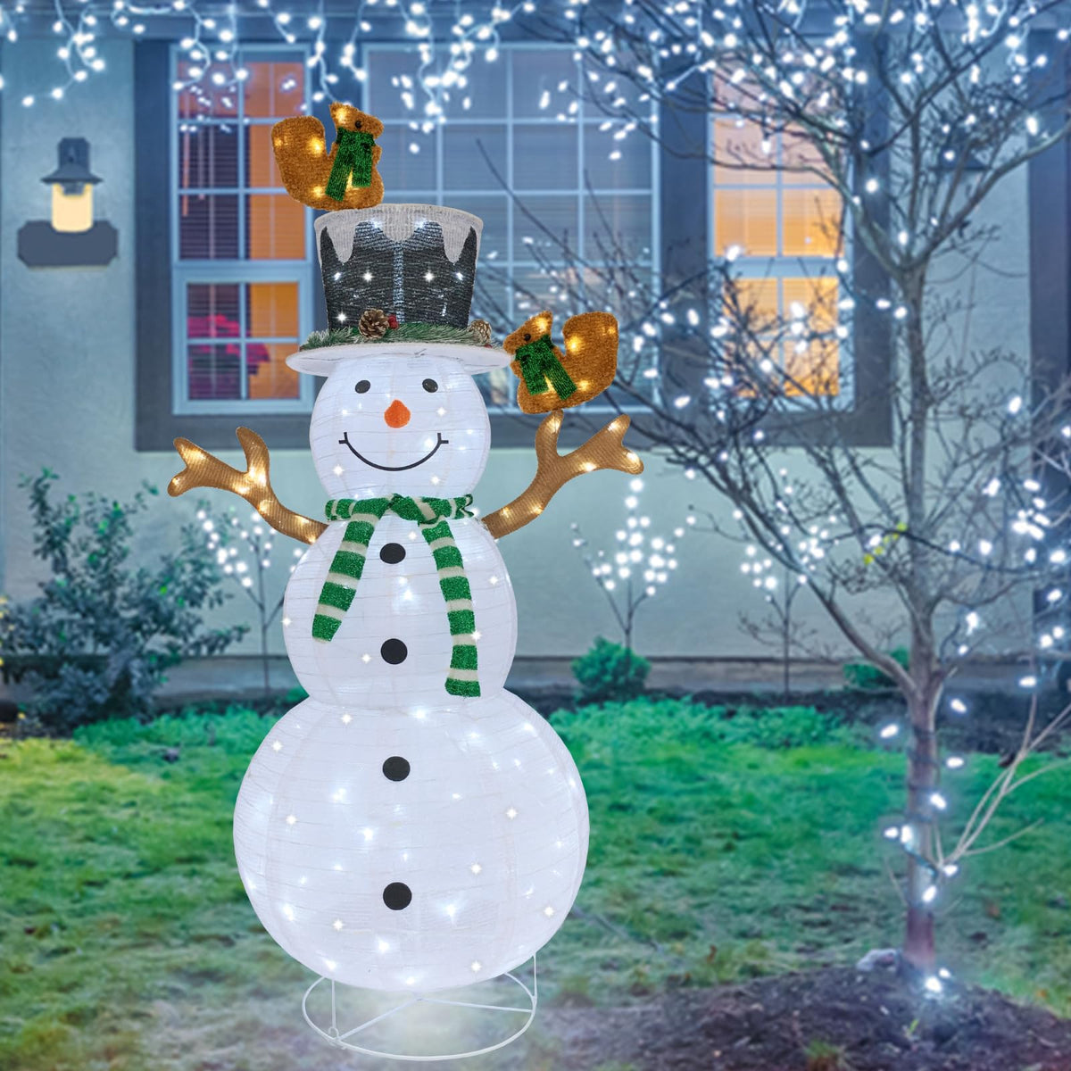 Outdoor Snowman Lighted, Pop-Up Lighted Snowman Outdoor Christmas Decorations Prelit 120 LED Lights Plug-in, Collapsible Light Up Snowmen with Squirrels Pine Cone Home Balcony Porch Yard Decor-Green