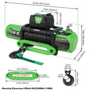Winch 9500lb Electric Winch 12V Winch with Synthetic Rope Car Trailer Winch with Green Hawse Fairlead Wireless Remote and Wired Handle for Truck SUV