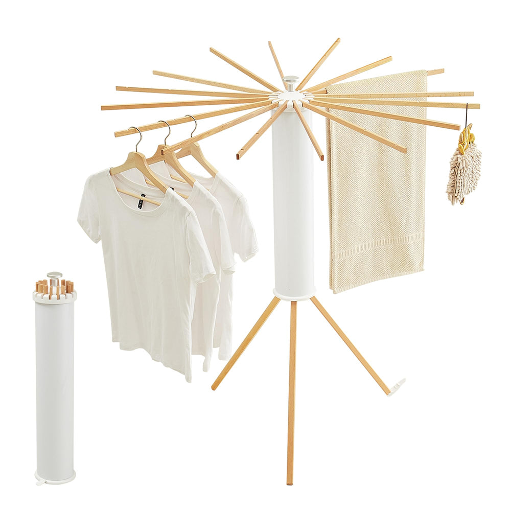 Clothes Drying Rack, Clothing Stand, Foldable Laundry Drying Rack Portable clothes rack with wooden rods, plastic cylinder and tripod base for apartments, balconies, RVs, camping and travel