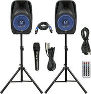 Pair All-in-one 10" Powered 1000W PRO DJ Amplified Loud Speakers with Bluetooth USB SD Card AUX MP3 FM Radio PA System LED Lights Karaoke Mic Guitar Amp 2 Tripod Stands Cable and Microphone