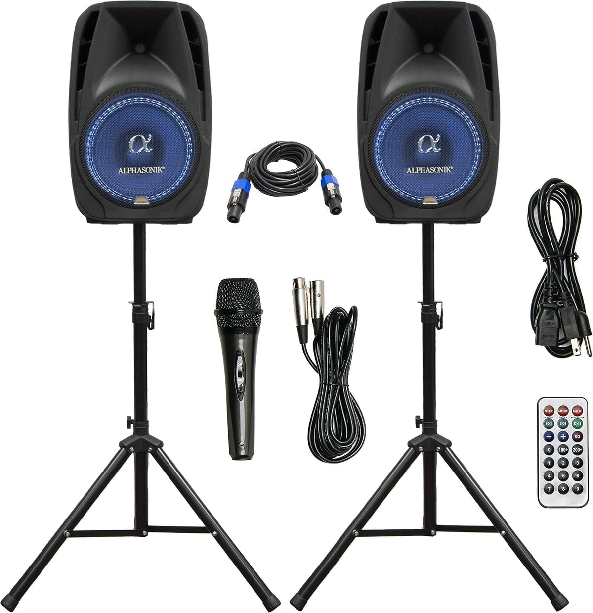 Pair All-in-one 10" Powered 1000W PRO DJ Amplified Loud Speakers with Bluetooth USB SD Card AUX MP3 FM Radio PA System LED Lights Karaoke Mic Guitar Amp 2 Tripod Stands Cable and Microphone
