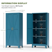 Home Farmhouse Storage Cabinet with 2 Barn Door, 61" H Metal Cabinet Tall Kitchen Pantry Cupboard with 3 Adjustable Shelves, for Dining Room, Bathroom, Laundry Room, Living Room (Blue Green)