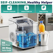 Countertop Ice Maker with Scoop, Basket and Handle, Portable Ice Machine 9 Cubes Ready in 6 Mins, 26.5lbs in 24Hrs, 2 Sizes for Home Kitchen Office Bar Party