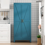 Home Farmhouse Storage Cabinet with 2 Barn Door, 61" H Metal Cabinet Tall Kitchen Pantry Cupboard with 3 Adjustable Shelves, for Dining Room, Bathroom, Laundry Room, Living Room (Blue Green)