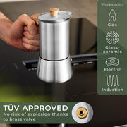 Stainless Steel Moka Pot (10oz) - Toxic Free Moka Pot with Oak Wood Handle - Stovetop Espresso Maker - Italian Coffee Maker for Stovetop and Induction
