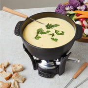 Cast Iron Fondue Set Party Pro - Fondue Pot with Burner & 4 Forks 1.16 Quarts cast iron fondue set for induction, gas, electric, ceramic, oven; includes burner and 4 beech wood-handled forks