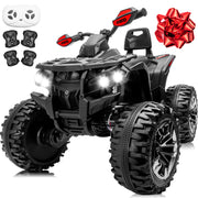 24V 4 Wheeler for Big Kids, 4x4Kids ATV w/800W Powerful Engines, 9AH Electric Four Wheeler w/Remote Control, Gift Bow, Kneepads, Bluetooth, USB, 2 Seater Ride On Toys Car for Kids, Black