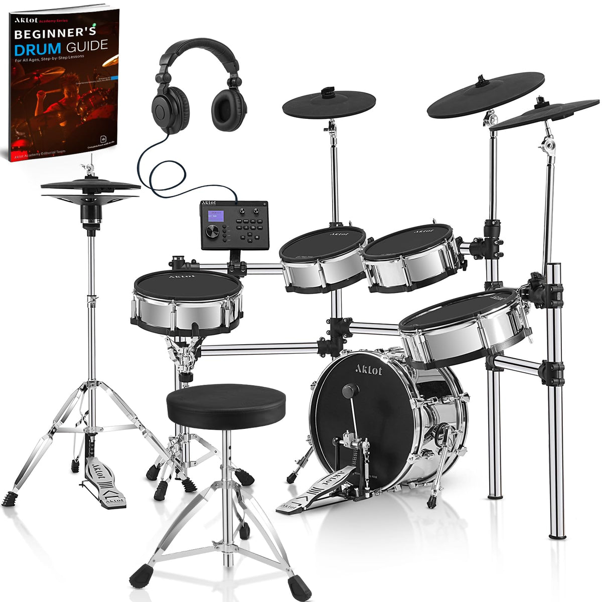 Acoustic-Style Electric Drum Set: Independent 16’’ Wooden Bass Drum and 12’’ Snare, Triple-Zone Ride Cymbal, Standalone Hi-Hat, Full Mesh Pads, 460 Sounds, USB MIDI, Throne, Sticks, Black