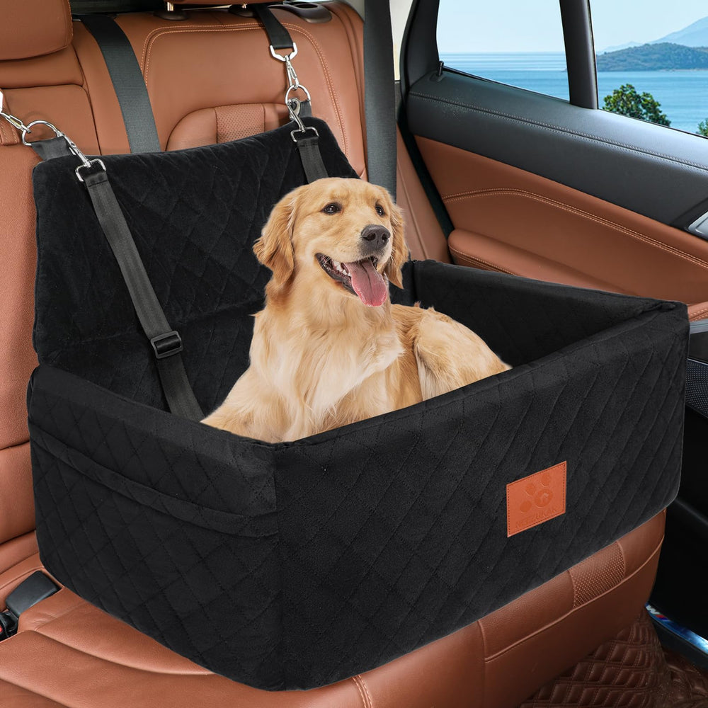 Dog Car Seat for Large Medium Size Dogs, Pet Car Seat Under 55 lbs Thick Cushion, Detachable Washable Dog Booster Seat for 2 Small Dogs, Travel Dog Car Bed with Storage Pockets, 2 Safety Belts