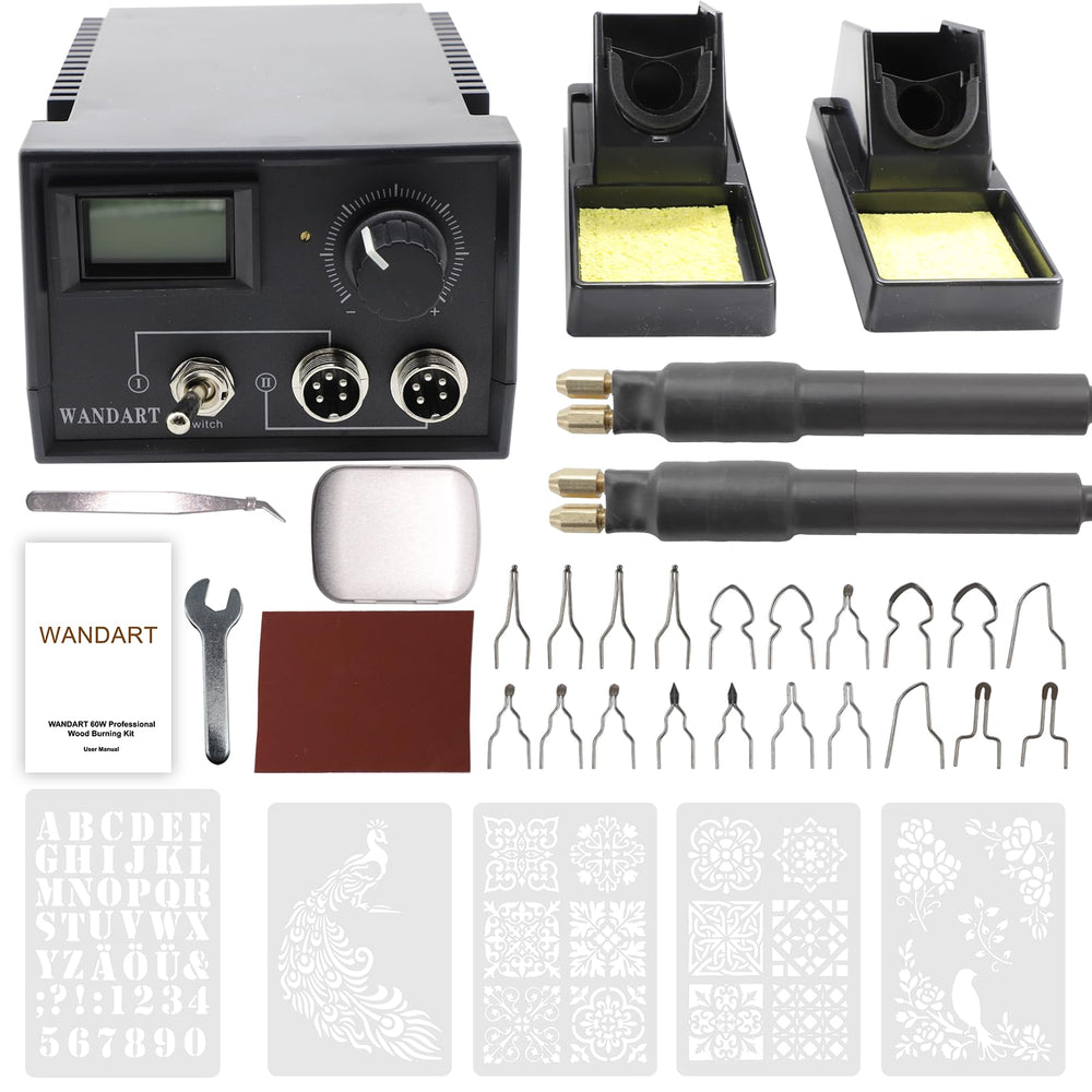 Professional Wood Burning Kit, 60W Wood Burning Tool Pyrography Kit with Dual Wood Burner 20 Woodburning Wire Nibs Tips including Ball Tips and 5PCS Stencils