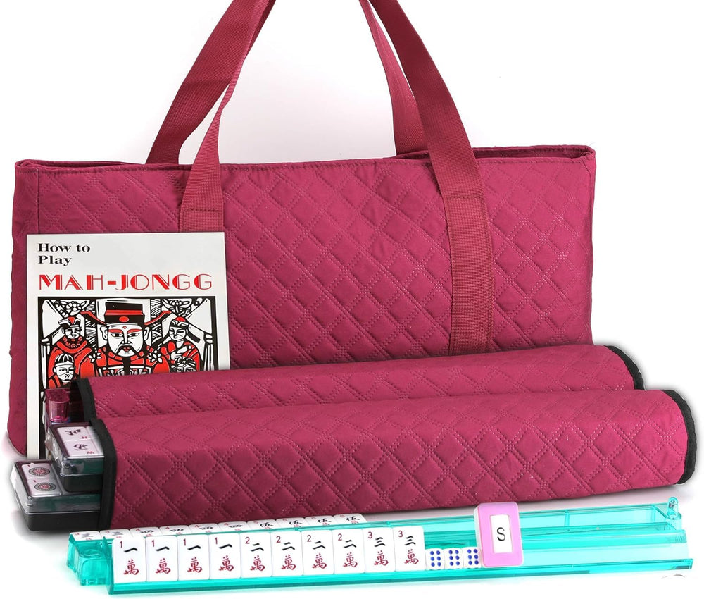 American Mahjong Set 166 White Engraved Tiles Burgundy Quilted Carrying Bag Complete set includes 4 all in one racks and pushers for American Mah Jongg play family game night parties travel and gifting