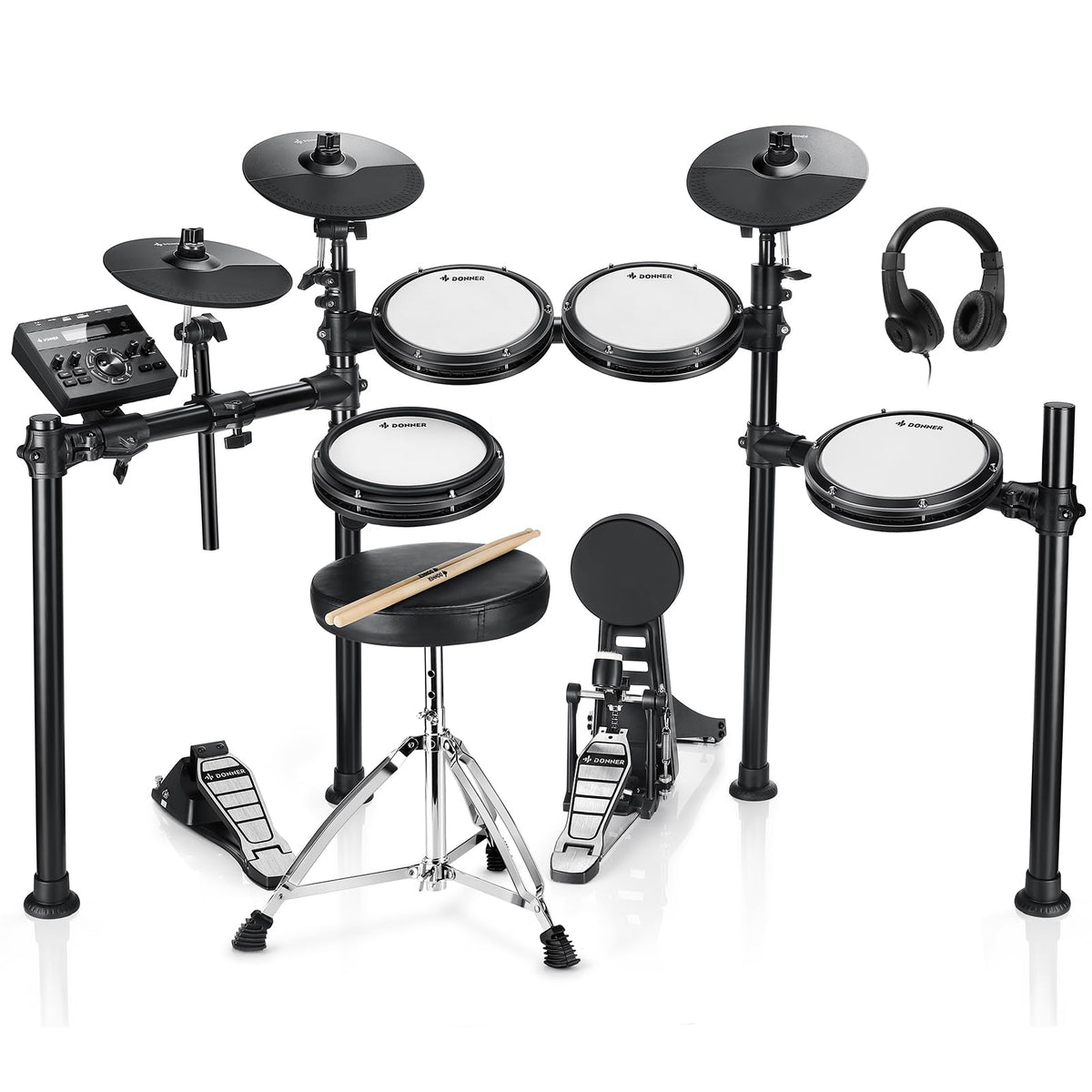 DED-200 Electric Drum Sets with Quiet Mesh Drum Pads, 2 Cymbals w/Choke, 31 Kits and 450+ Sounds, Throne, Headphones, Sticks, USB MIDI, Melodics Lessons (5 Pads, 3 Cymbals)