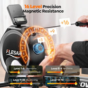 16-Level Magnetic Rowing Machine with Extended Slide Rail, App-Ready Monitor, Standard Seat, Charcoal, 250 lb Capacity