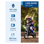 DK1 36V Electric Dirt Bike for Kids, 300W & 15.5 MPH, Ages 3-10