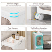 4 Tier Slim Bathroom Storage Cabinet, Foldable and Movable, White Tools Free, ABS and PET, Magnetic Clear Door, Adjustable Shelves, Lockable Wheels, Water Resistant, For Narrow Space
