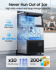 Commercial Ice Maker Machine, 100lbs/24H with 18-33lbs Ice Storage Under Counter Ice Maker, Stainless Steel Built-in Freestanding, Self-Cleaning, Adjustable Ice Thickness for Home Bar Offices