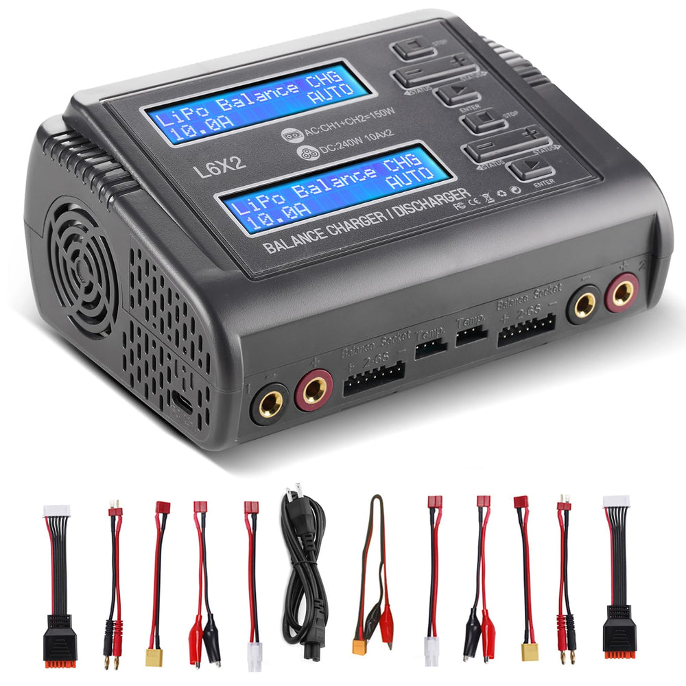 LiPo Battery Charger Dual 10A RC Fast Balance Battery Charger Discharger RC Car Drone Chargers for 1S-6S LiPo Li-ion Life LiHV 1S-15S NiCd NiMH 2-20V PB Smart Batteries