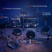 Acoustic-Style Electric Drum Set: Independent 16’’ Wooden Bass Drum and 12’’ Snare, Triple-Zone Ride Cymbal, Standalone Hi-Hat, Full Mesh Pads, 460 Sounds, USB MIDI, Throne, Sticks, Black