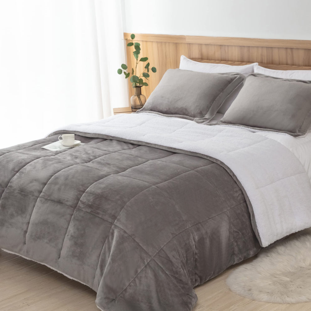 Ultra Soft Sherpa Comforter Set Full Queen, Fall Winter All Season Down Alternative Bedding Sets Grey 3 Piece (1 Comforter and 2 Pillow Shams)