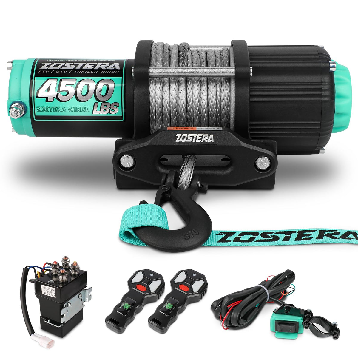 4500lbs ATV/UTV Winch with Synthetic Rope, Electric Boat Trailer Winch 12V, Waterproof Winch with 2 Wireless Remotes &Wired Switch,with Mounting Plate,Aluminium Fairlead