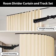 Room Divider Blackout Curtains & Ceiling Curtain Track Set Wall Mount Extra Wide Track Curtains Flexible Sliding Curtain Rod Room Separation Privacy（W 216 x H 96 in Beige Drape & Black Rail）
