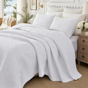 White Botanical Cotton Quilt Set King Floral Stitched Quilts 3PC