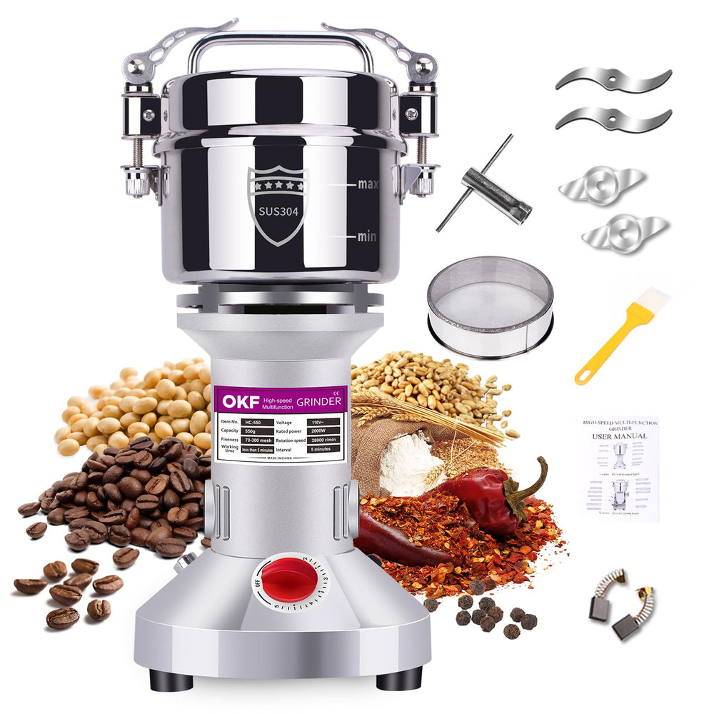 550g Grain Mill, 304 Stainless Steel Spice Grinder, 2000W High-speed Commercial Flour Mill, Superfine Flour Mill Grinder for Home, Grain Mill for Flour