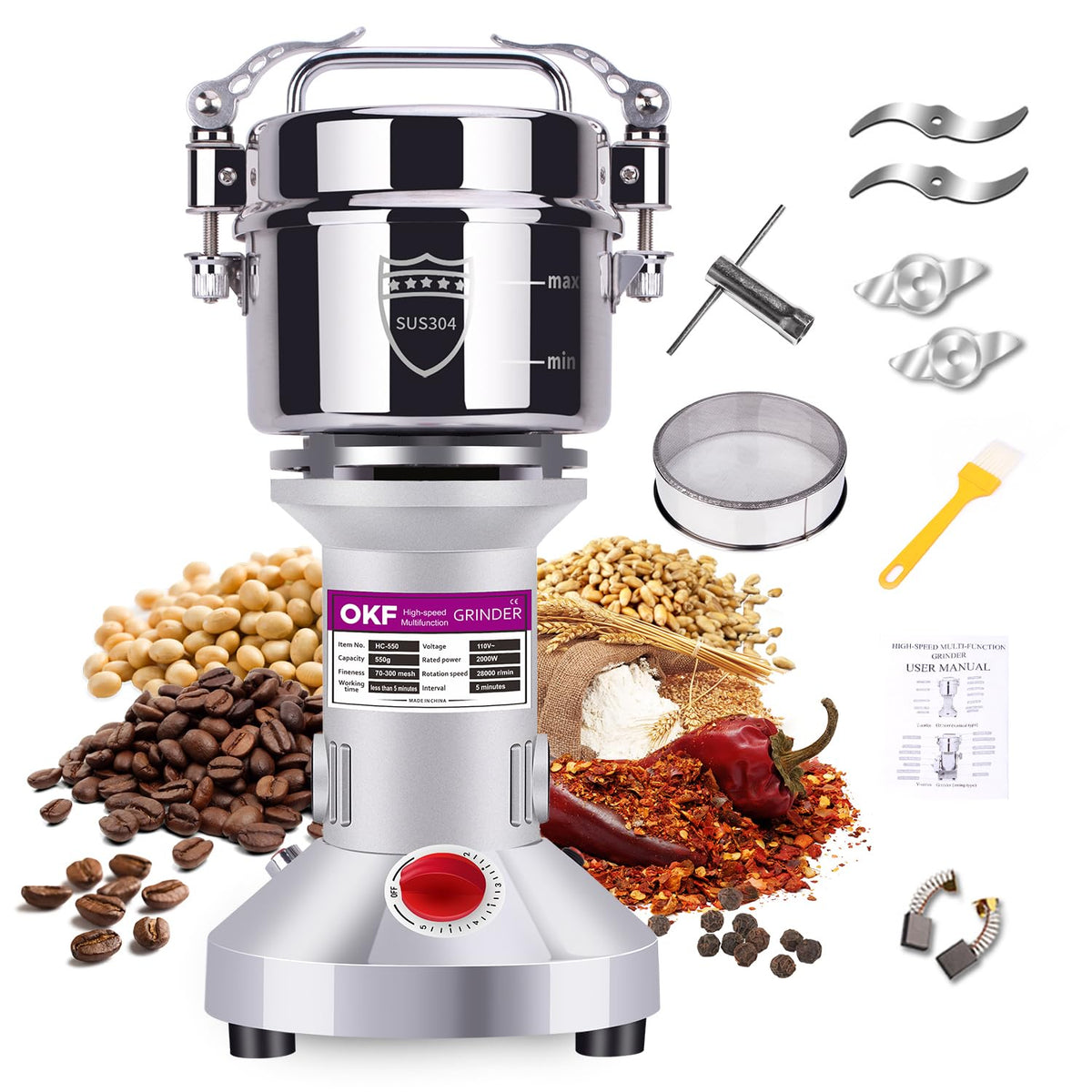 550g Grain Mill, 304 Stainless Steel Spice Grinder, 2000W High-speed Commercial Flour Mill, Superfine Flour Mill Grinder for Home, Grain Mill for Flour