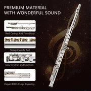 Professional Nickel Plated C Flute for Beginners and All Levels, 16 Key Closed Hole with Ergonomic Design, Includes Carrying Case, Gloves, Cleaning Cloth, Tuning Rod