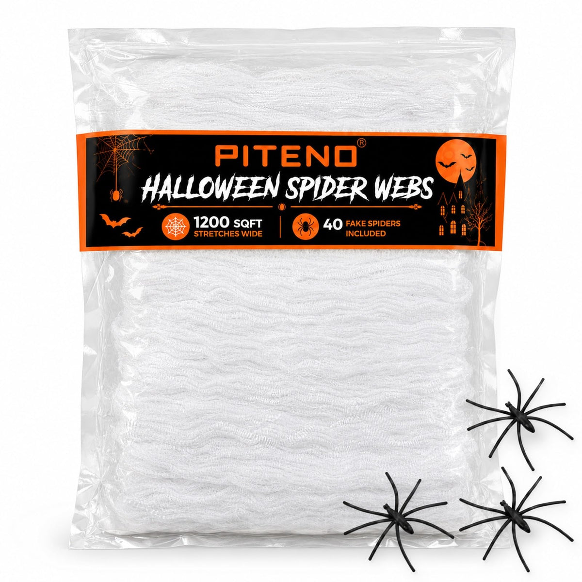 Piteno 1200 sqft Spider Webs Halloween Decorations with 40 Fake Spiders, Stretchable Halloween Spider Webs for Indoor Outdoo