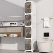 4 Tier Slim Bathroom Storage Cabinet, Foldable and Movable, White Tools Free, ABS and PET, Magnetic Clear Door, Adjustable Shelves, Lockable Wheels, Water Resistant, For Narrow Space